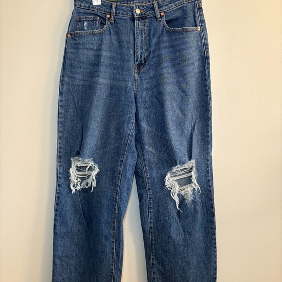 High-waisted, long, blue jeans with two holes on the knees - Picture 6 of 7